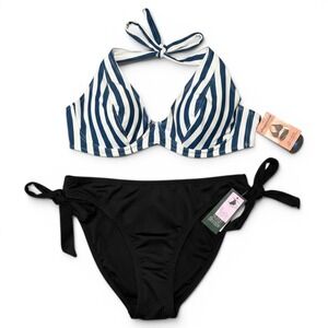 Shapermint Striped Halter Bikini Top & Wild Fable Ribbed Side Tie Bottoms XL Set